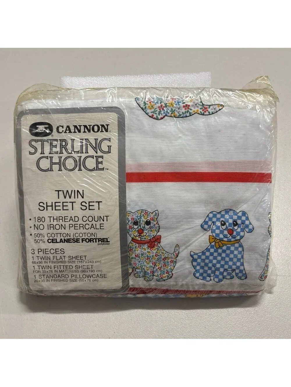 Vintage 80s Cannon Sterling Choice Twin Sheet Set Calico Cat Gingham Dog NIP NOS